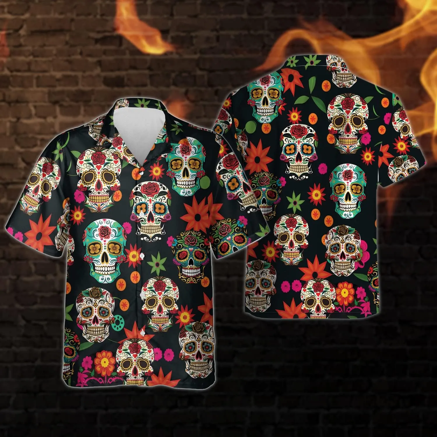 Fire Skull Hawaiian Shirt for Men - Skull Gothic Shirt for Mens Button Down Shirt Short Sleeve (MP_HW_30)