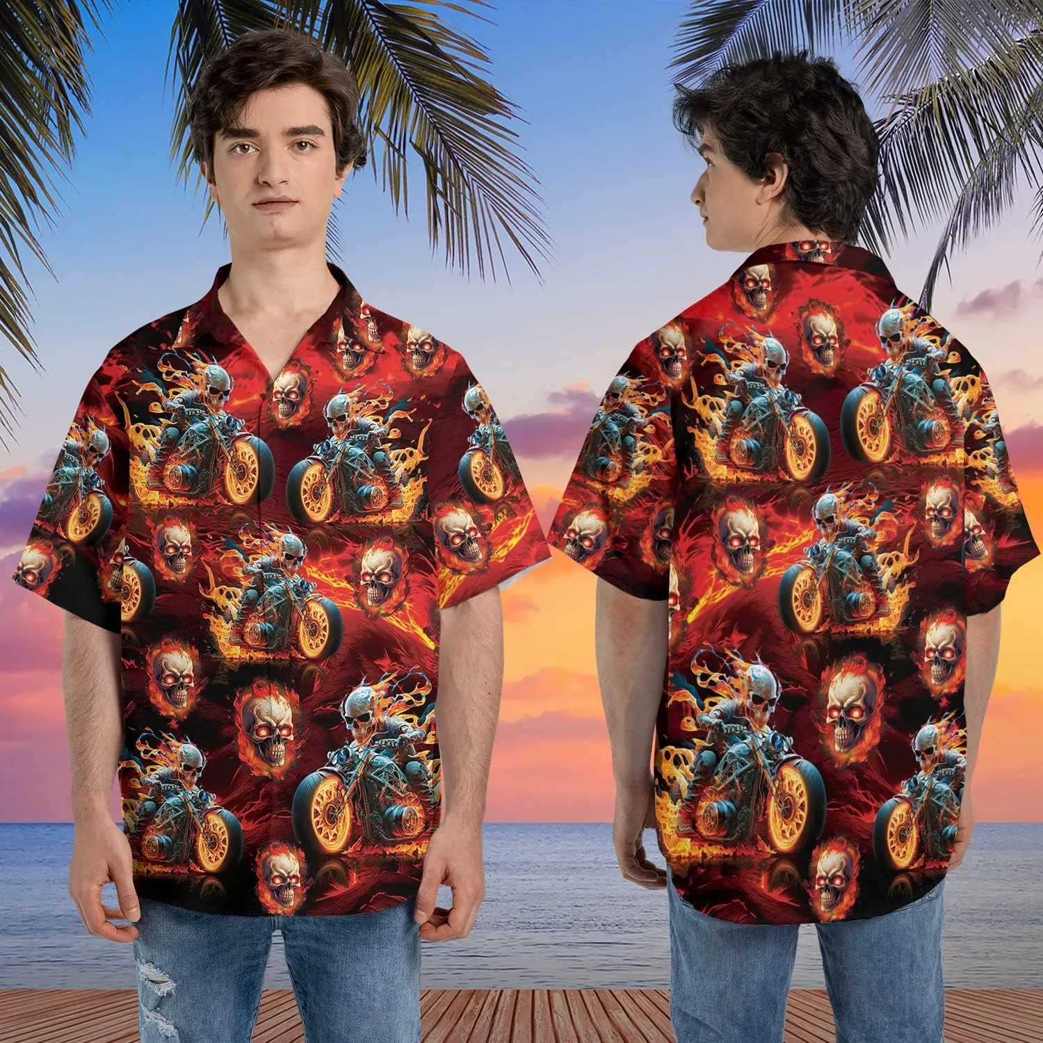 Fire Skull Hawaiian Shirt for Men - Skull Gothic Shirt for Mens Button Down Shirt Short Sleeve (MP_HW_30)