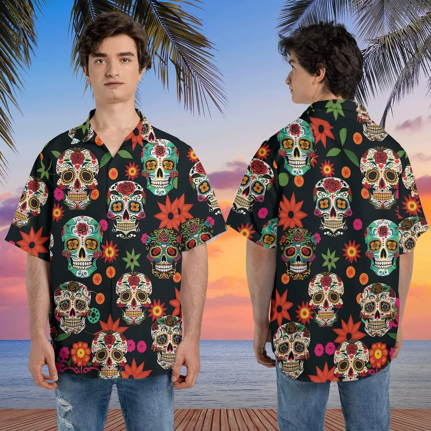 Fire Skull Hawaiian Shirt for Men - Skull Gothic Shirt for Mens Button Down Shirt Short Sleeve (MP_HW_30)