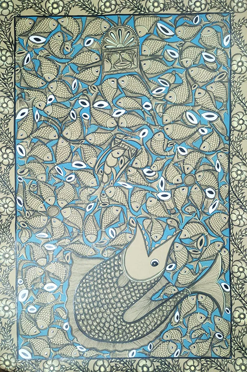 Fishes and Instruments in Santhal Pattachitra by Manoranjan Chitrakar