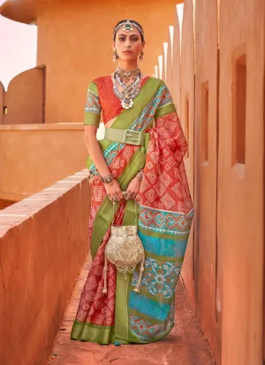 Flame Orange Foil Printed Cotton Silk Saree