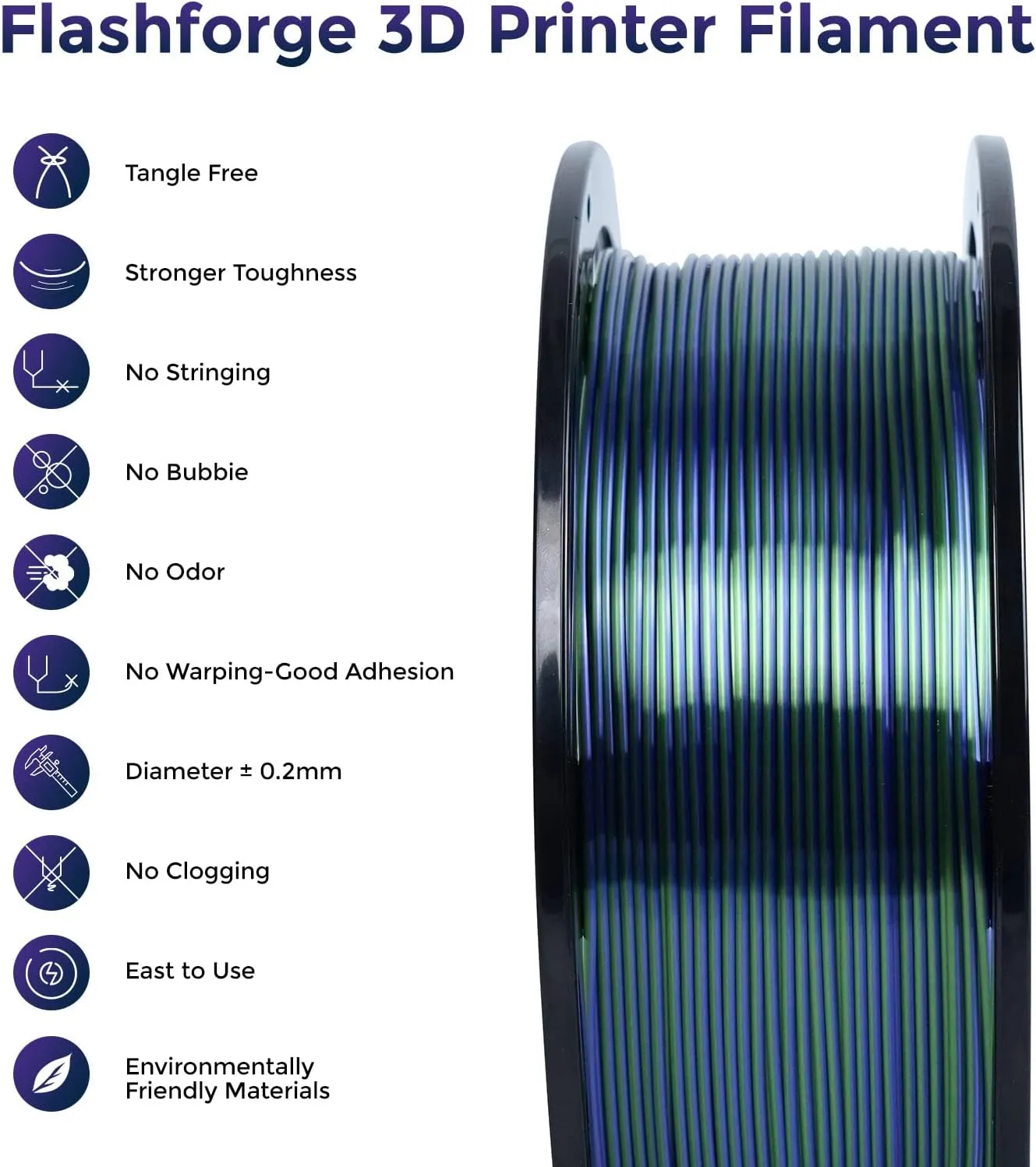 FLASHFORGE Silk Dual Color Filament, Blue and Green 2 in 1 Coextrusion Silk PLA Filament 1.75mm, 3D Printer Filament Color Change 1kg(2.2lbs) Spool, Dimensional Accuracy  /- 0.02mm