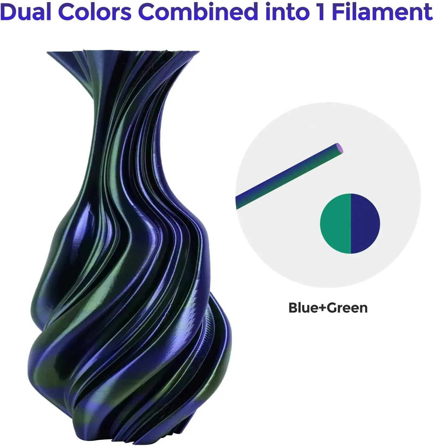 FLASHFORGE Silk Dual Color Filament, Blue and Green 2 in 1 Coextrusion Silk PLA Filament 1.75mm, 3D Printer Filament Color Change 1kg(2.2lbs) Spool, Dimensional Accuracy  /- 0.02mm