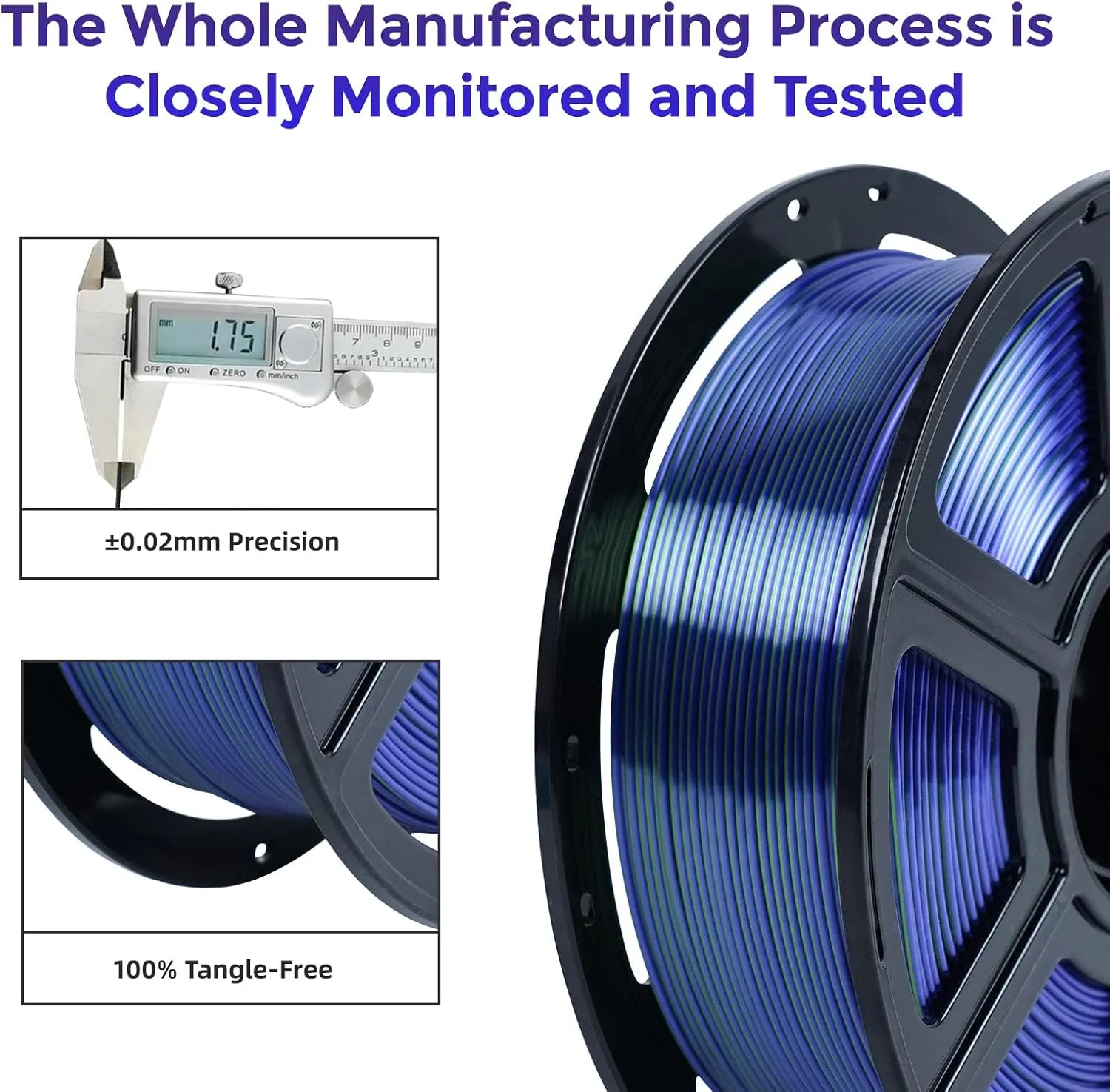 FLASHFORGE Silk Dual Color Filament, Blue and Green 2 in 1 Coextrusion Silk PLA Filament 1.75mm, 3D Printer Filament Color Change 1kg(2.2lbs) Spool, Dimensional Accuracy  /- 0.02mm