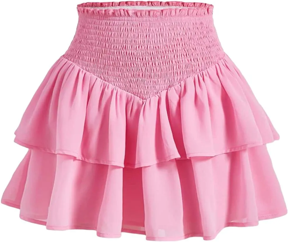 Floerns Women's Shirred High Waist Layered Ruffle Hem Flared Mini Skirts