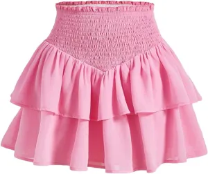 Floerns Women's Shirred High Waist Layered Ruffle Hem Flared Mini Skirts