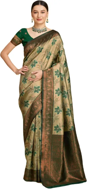 Floral Print Banarasi Silk Blend Saree (Bottle Green) - 6.3 m Length (Bottle Green) - Elegant Zari Work, Perfect for Festivals, Weddings & Ceremonies