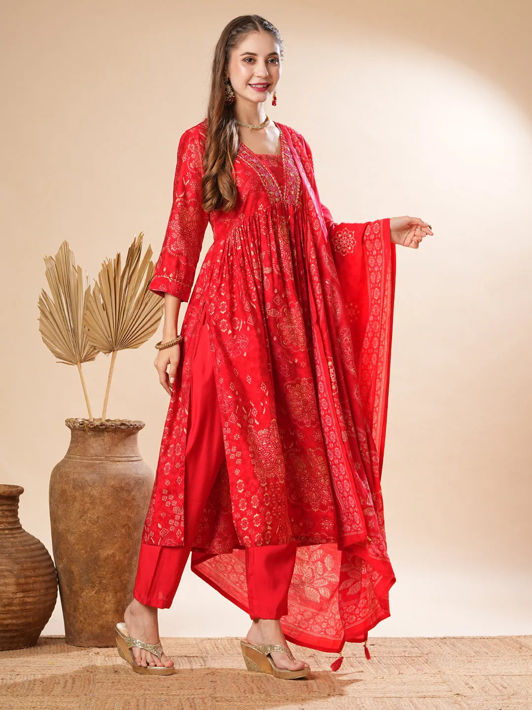 Floral Printed Aari Embroidered Pleated Kurta with Pants & Dupatta - Red