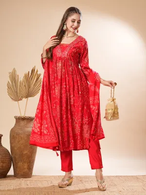 Floral Printed Aari Embroidered Pleated Kurta with Pants & Dupatta - Red