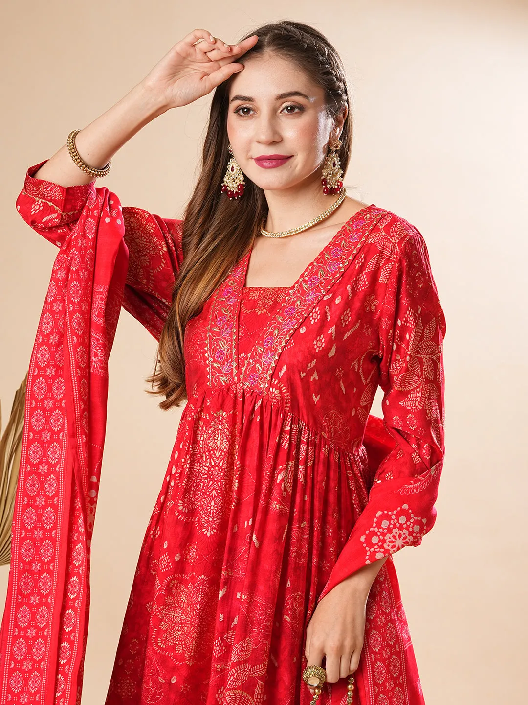 Floral Printed Aari Embroidered Pleated Kurta with Pants & Dupatta - Red