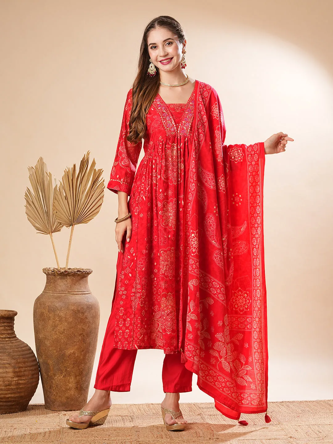 Floral Printed Aari Embroidered Pleated Kurta with Pants & Dupatta - Red