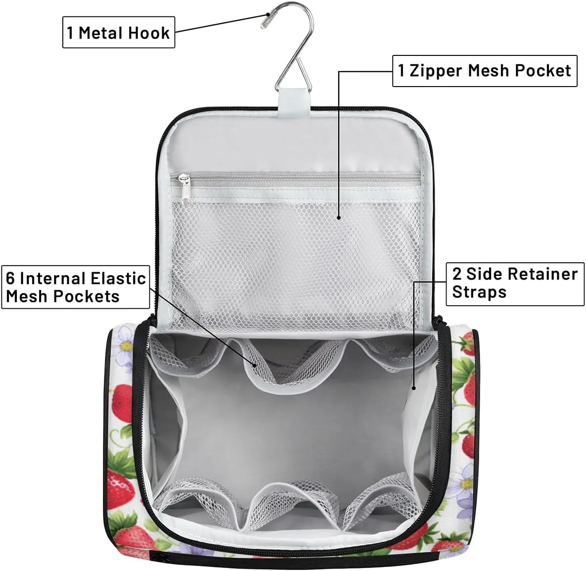 Flower Fruit Strawberry Travel Makeup Bag Hanging Toiletry Bag for Women Make up Organizer Portable Cosmetic Bags with Dividers Inside