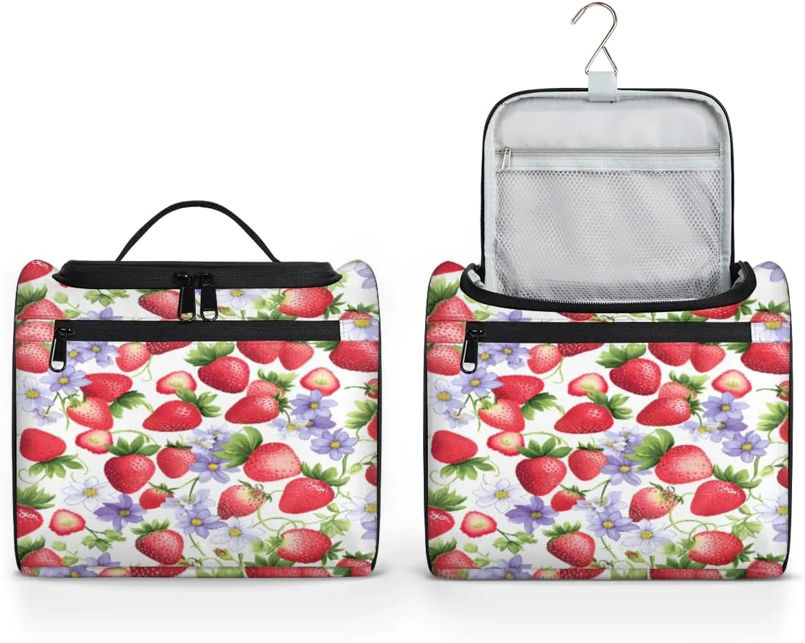 Flower Fruit Strawberry Travel Makeup Bag Hanging Toiletry Bag for Women Make up Organizer Portable Cosmetic Bags with Dividers Inside