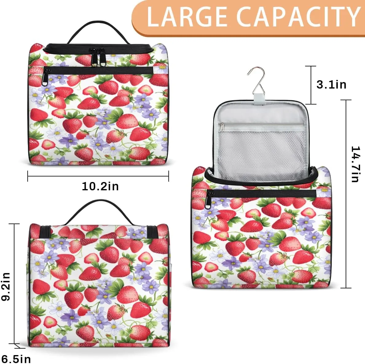 Flower Fruit Strawberry Travel Makeup Bag Hanging Toiletry Bag for Women Make up Organizer Portable Cosmetic Bags with Dividers Inside