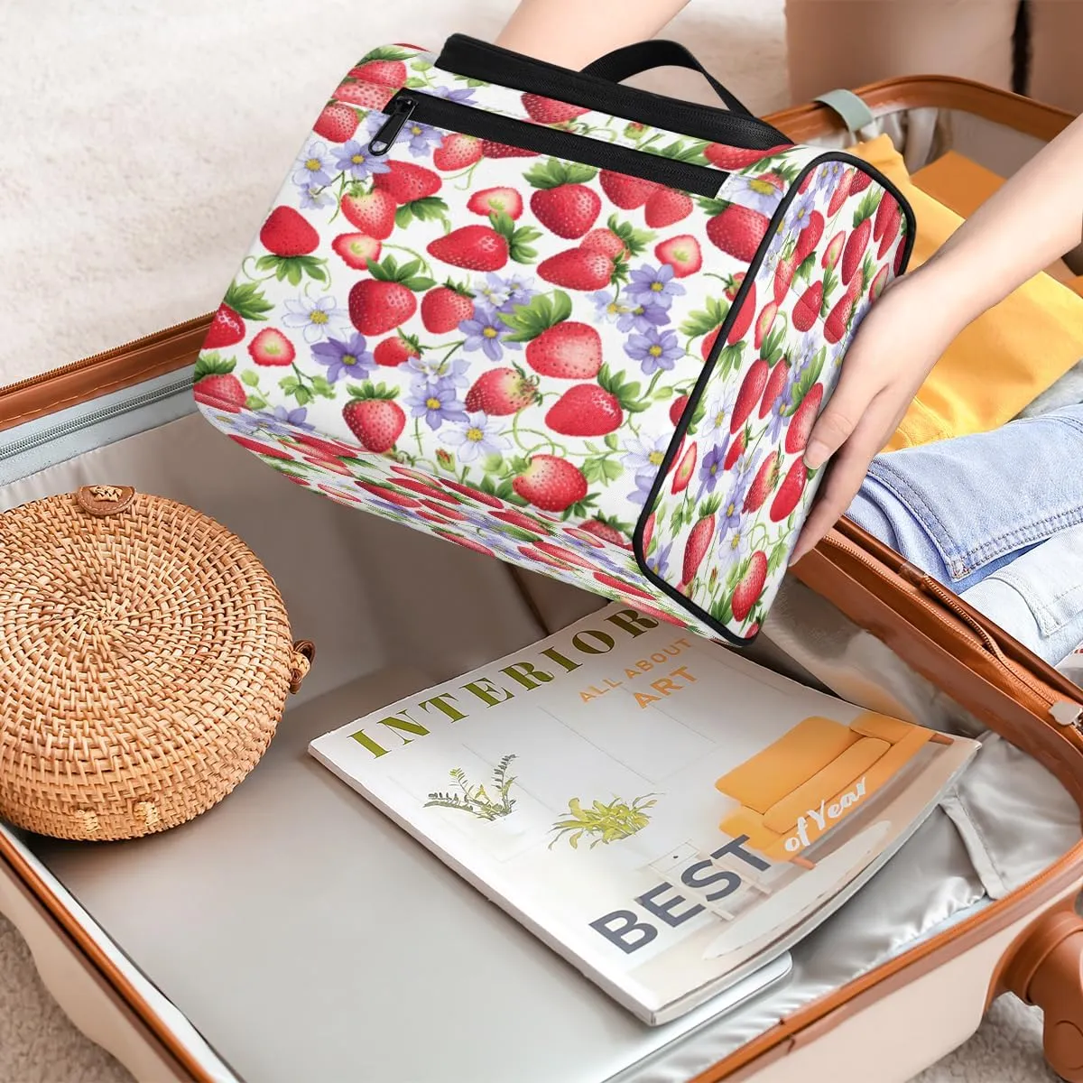 Flower Fruit Strawberry Travel Makeup Bag Hanging Toiletry Bag for Women Make up Organizer Portable Cosmetic Bags with Dividers Inside