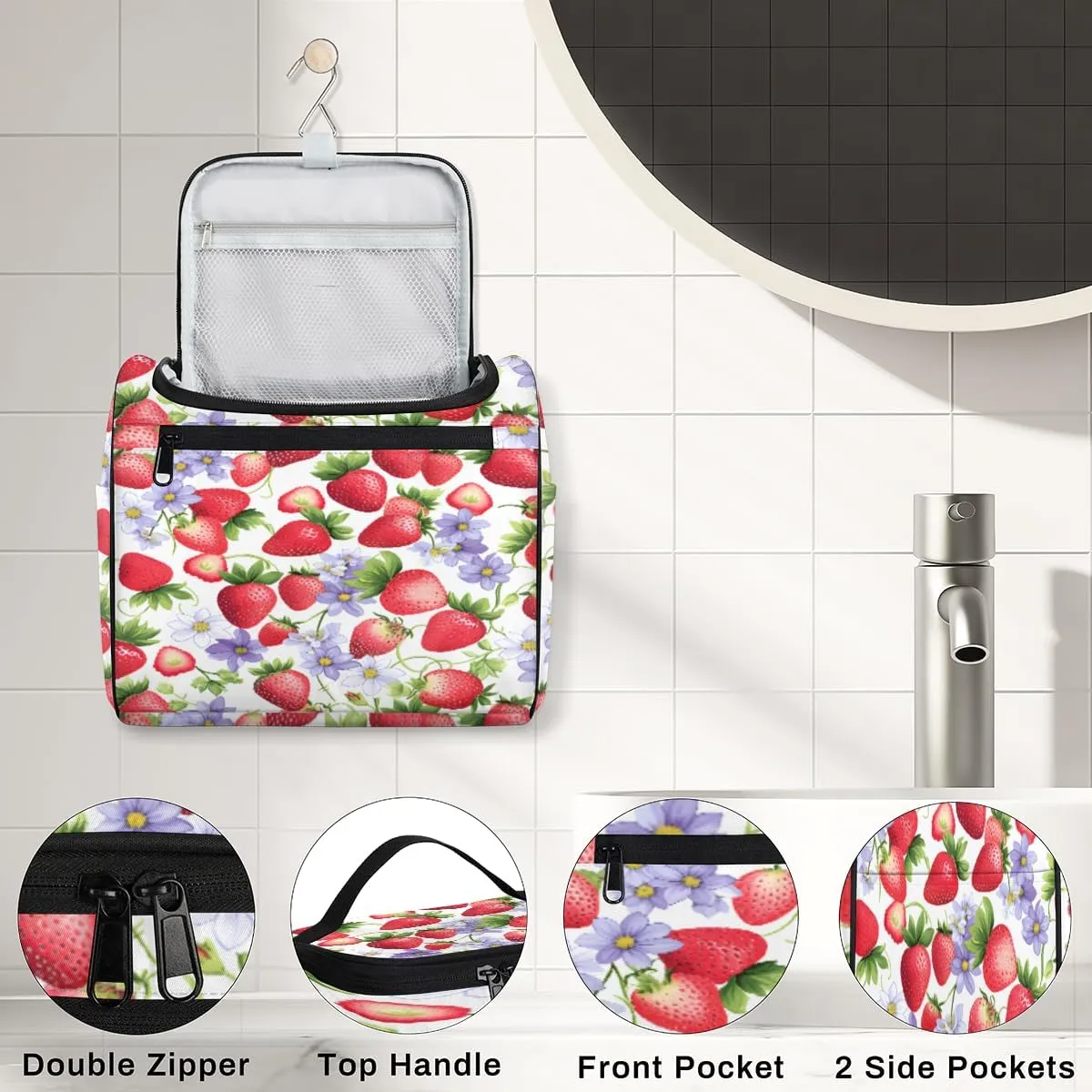 Flower Fruit Strawberry Travel Makeup Bag Hanging Toiletry Bag for Women Make up Organizer Portable Cosmetic Bags with Dividers Inside