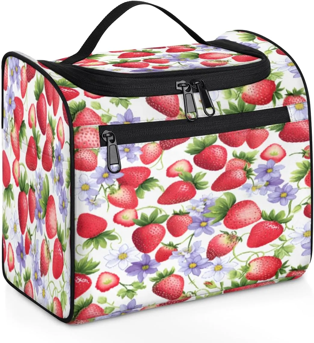 Flower Fruit Strawberry Travel Makeup Bag Hanging Toiletry Bag for Women Make up Organizer Portable Cosmetic Bags with Dividers Inside