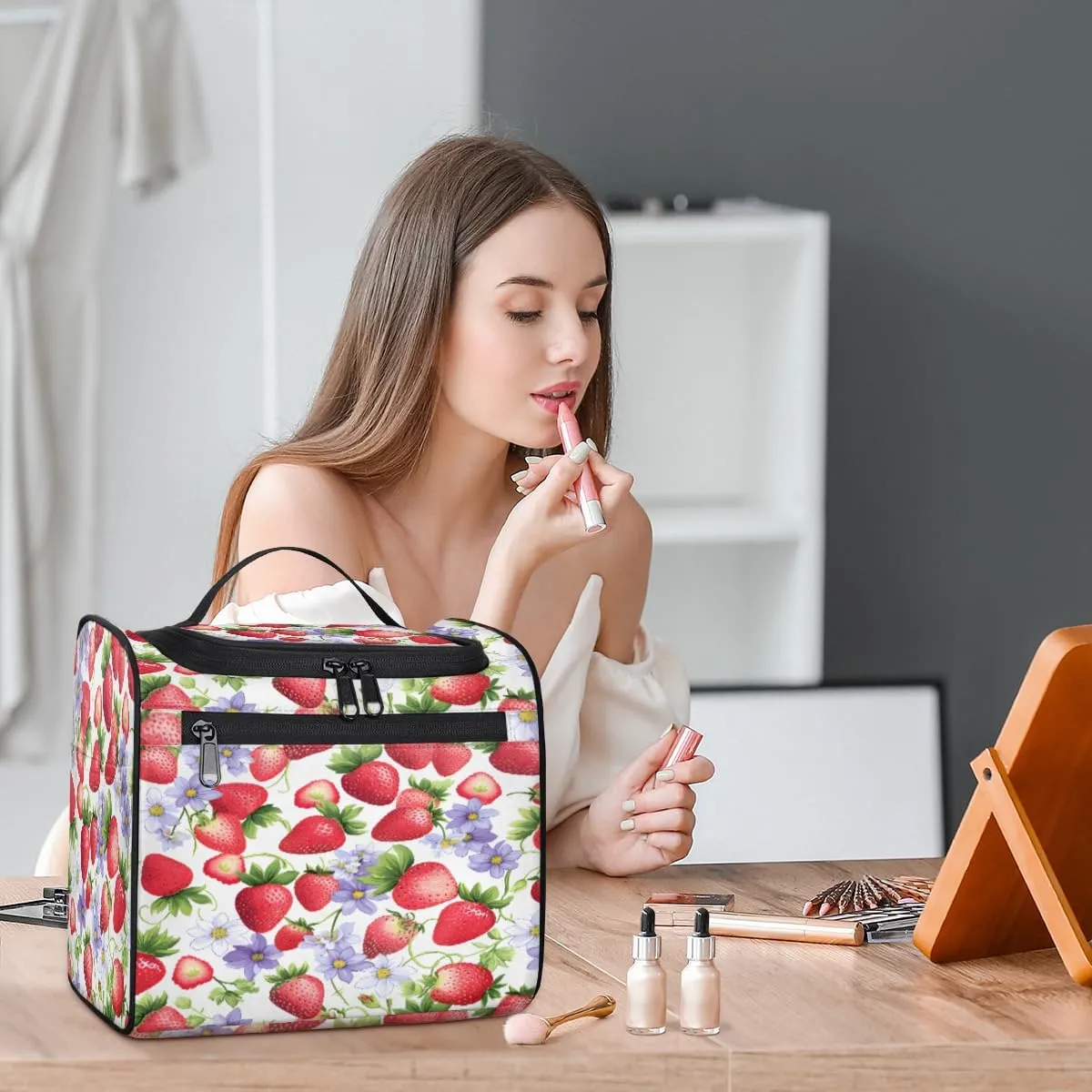 Flower Fruit Strawberry Travel Makeup Bag Hanging Toiletry Bag for Women Make up Organizer Portable Cosmetic Bags with Dividers Inside