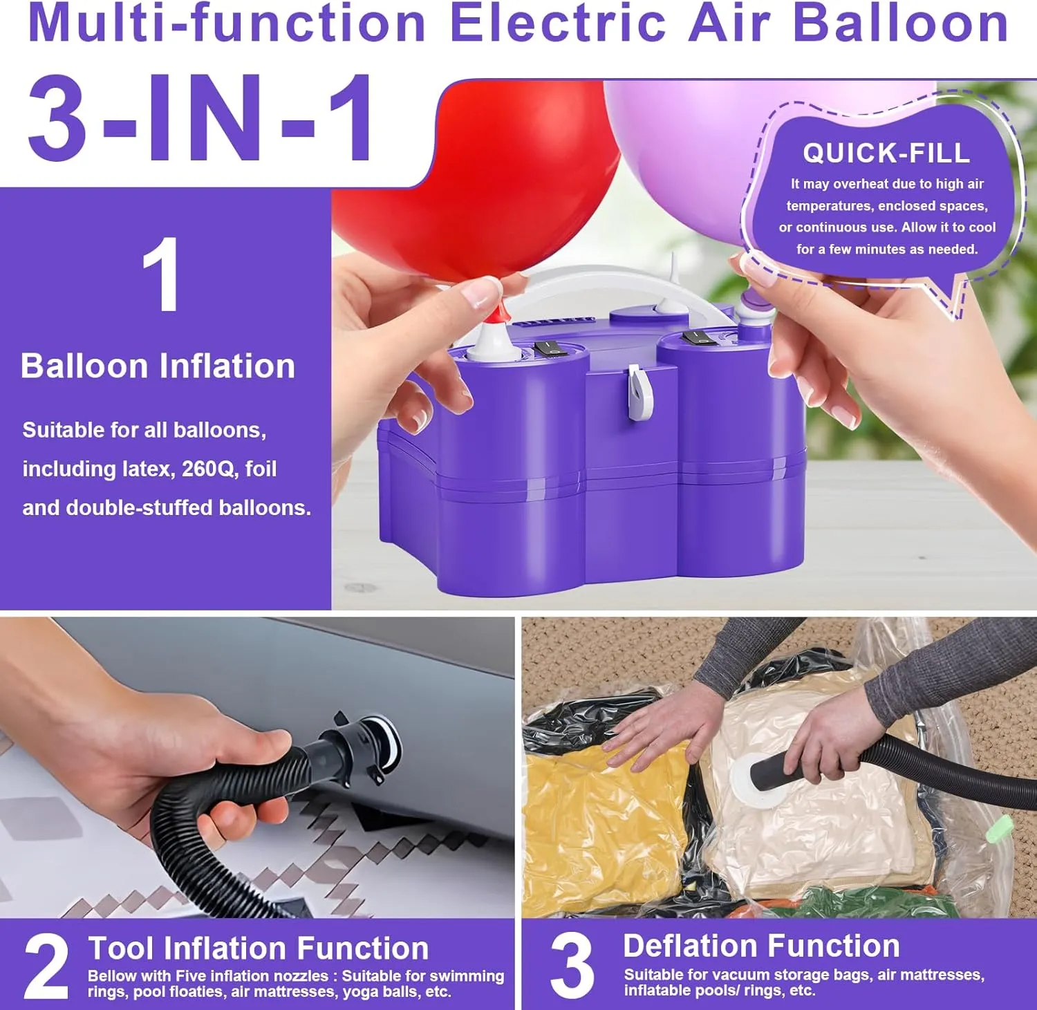 FLSEPAMB Balloon Pump Electric, 3-in-1 Portable Electric Air Pump, Double Motor Dual Nozzle Balloon Pump 110V for Latex 260Q Long Foil Balloons, Inflatables and Vacuum Bag with Balloon Cutter