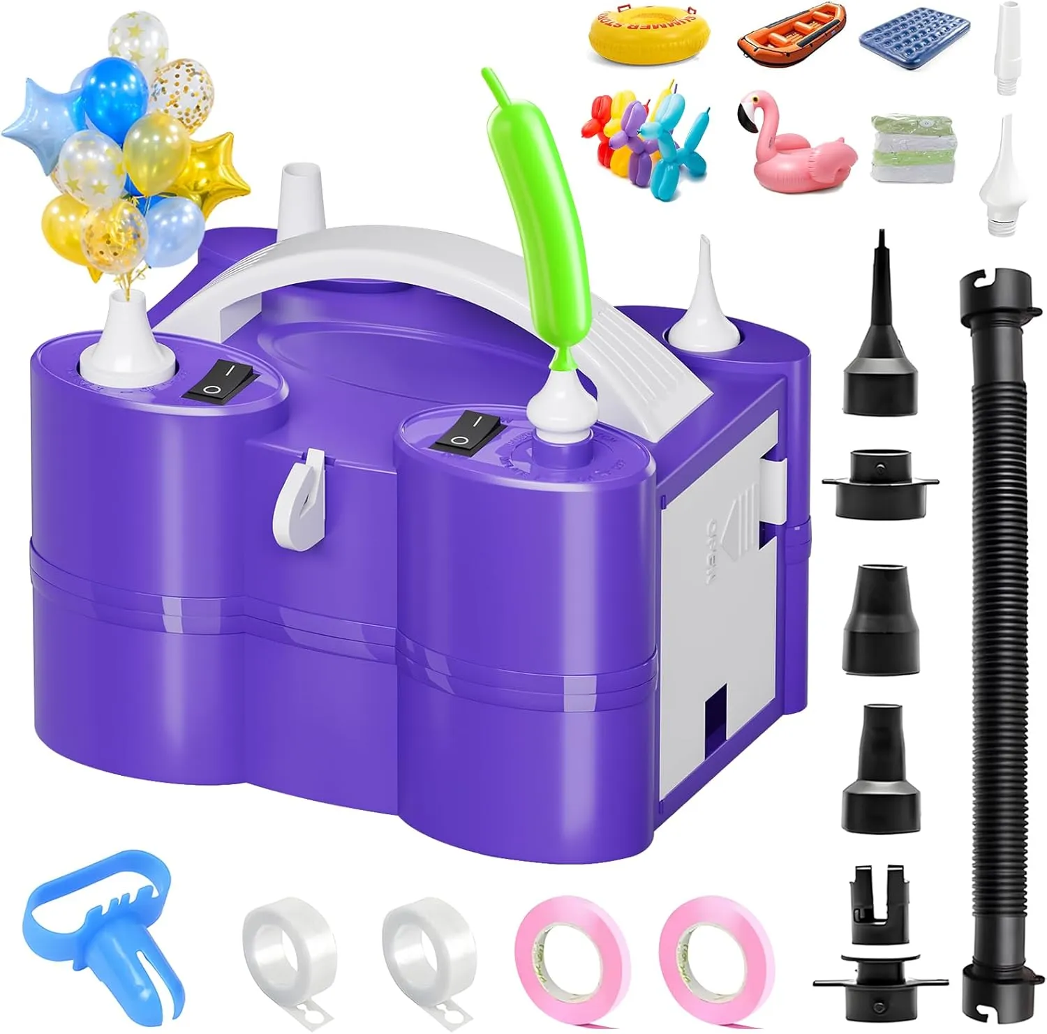 FLSEPAMB Balloon Pump Electric, 3-in-1 Portable Electric Air Pump, Double Motor Dual Nozzle Balloon Pump 110V for Latex 260Q Long Foil Balloons, Inflatables and Vacuum Bag with Balloon Cutter