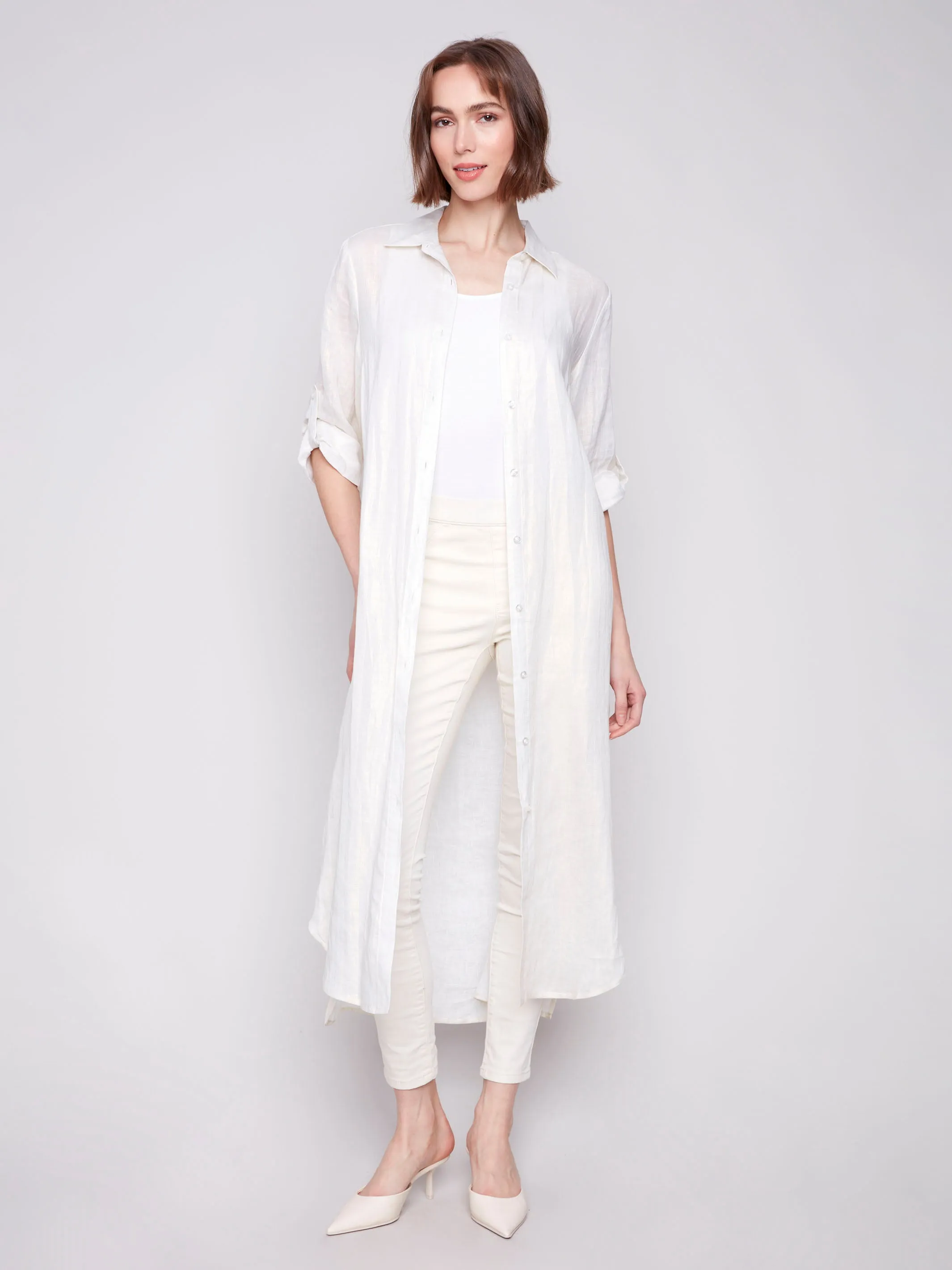 Foil Print Linen Blend Tunic Dress - Champagne