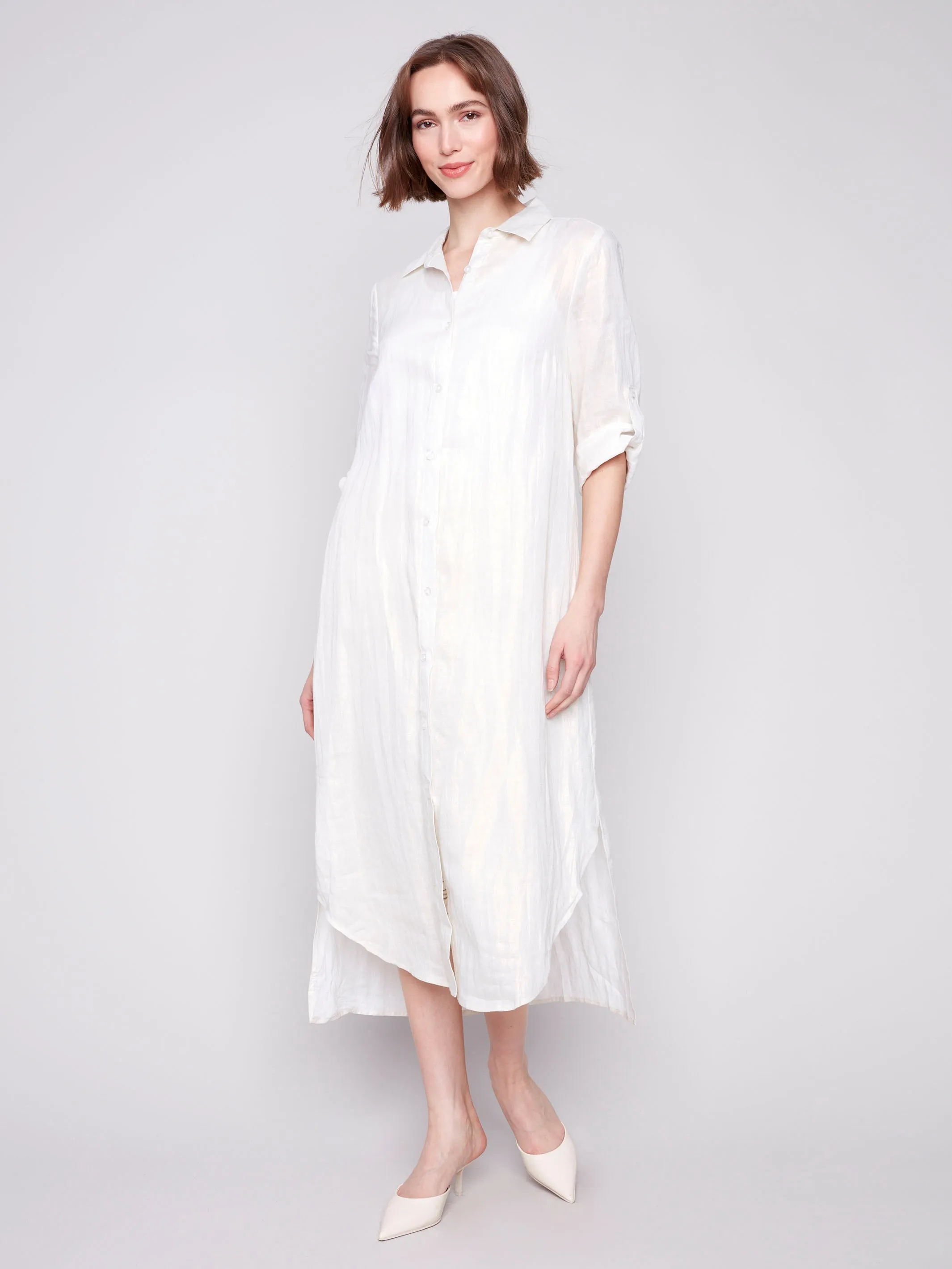 Foil Print Linen Blend Tunic Dress - Champagne