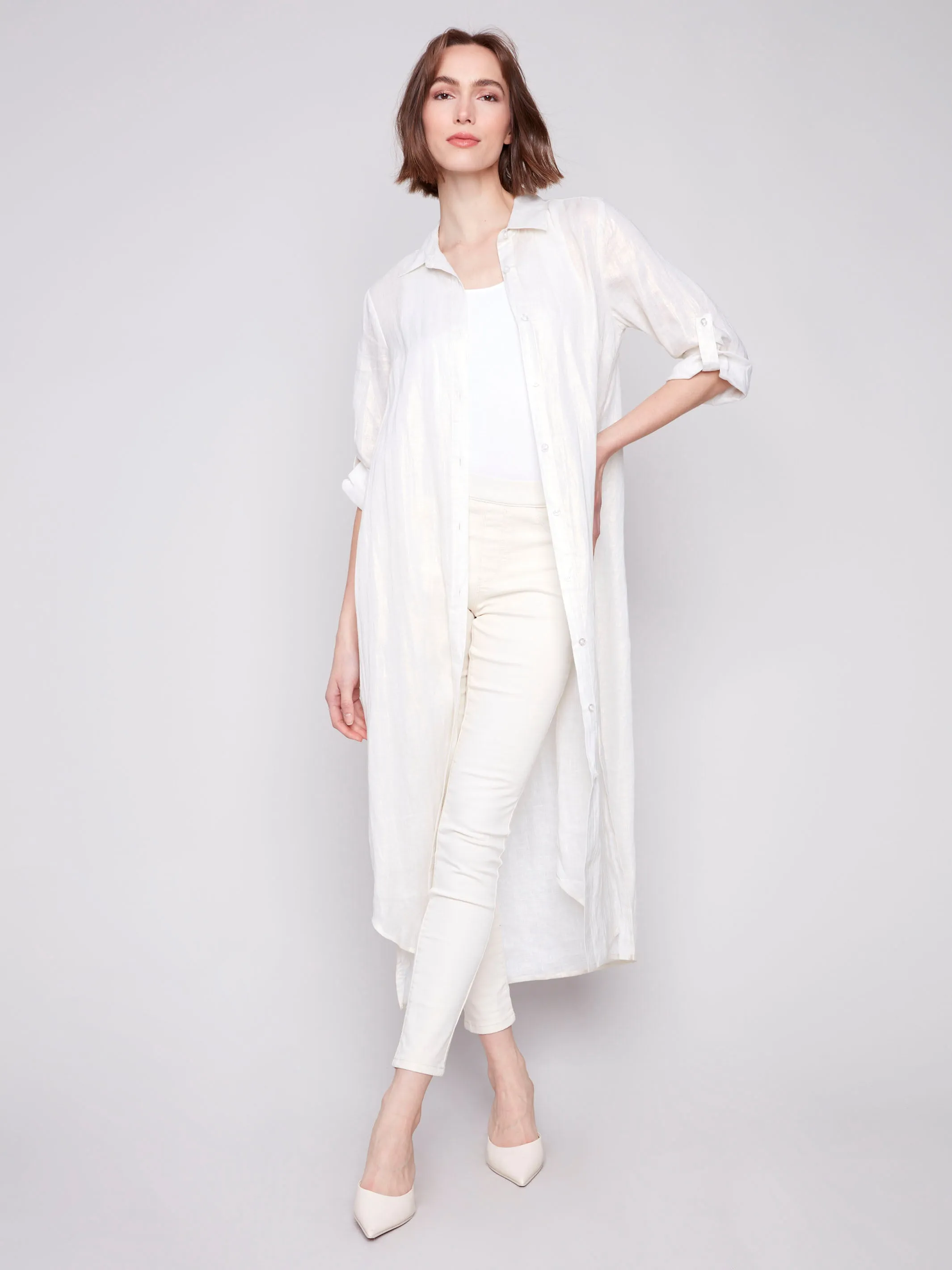 Foil Print Linen Blend Tunic Dress - Champagne