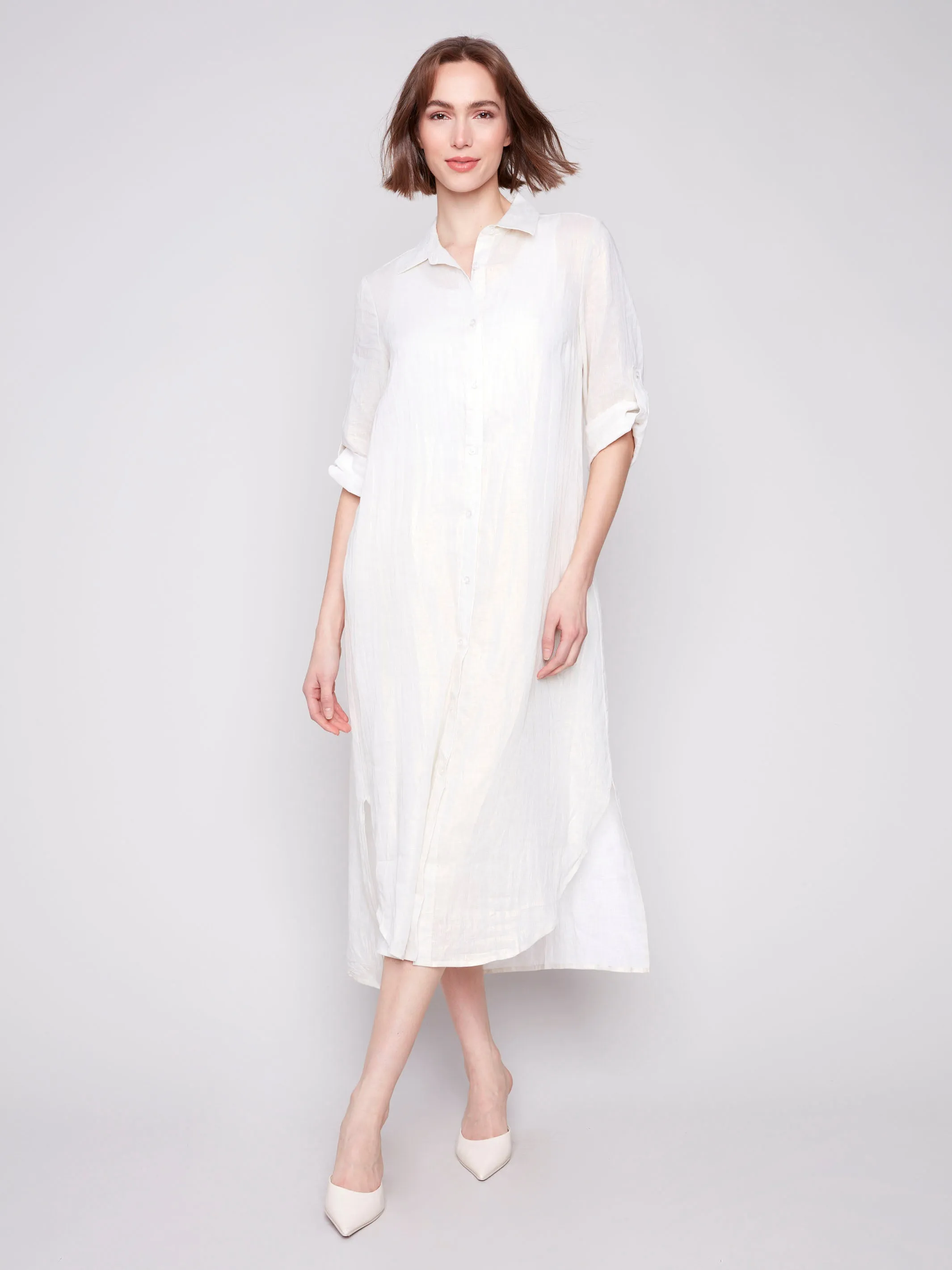 Foil Print Linen Blend Tunic Dress - Champagne