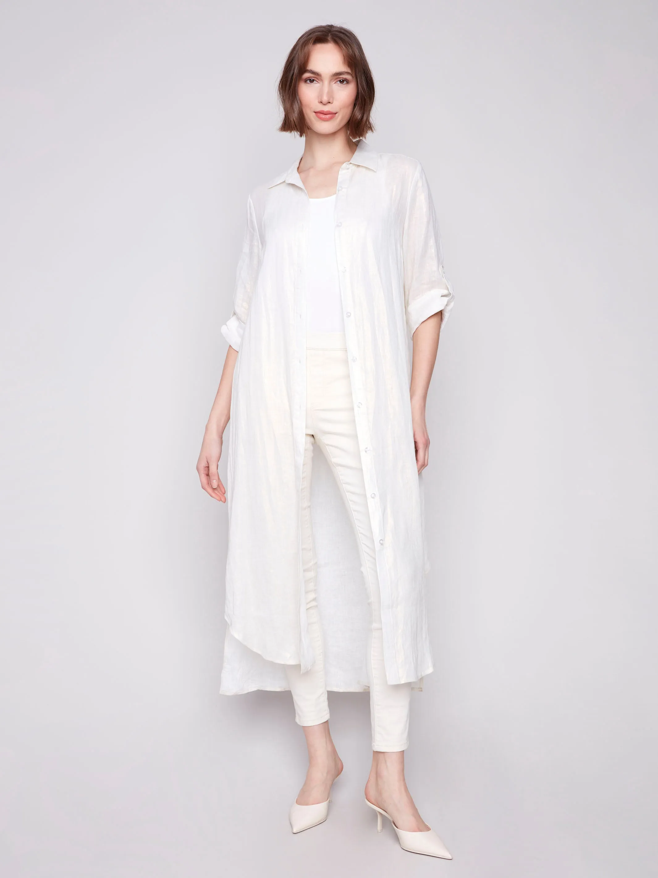 Foil Print Linen Blend Tunic Dress - Champagne