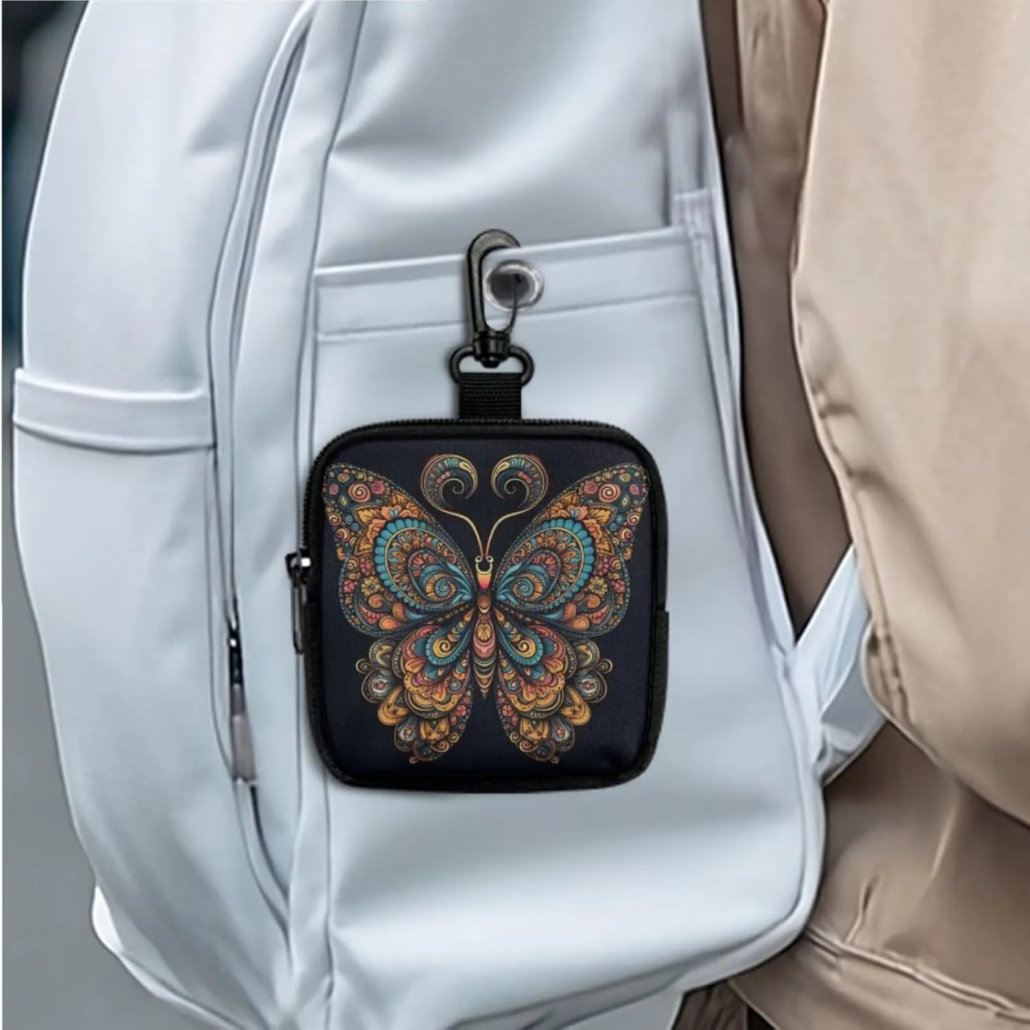 Folk Butterfly Wristlet Wallet for Women Boho Ethnic Butterflies Zip Around Mini Coin Pocket, Mandala Art Small Coin Purse Key Waist Case for Daily Carry