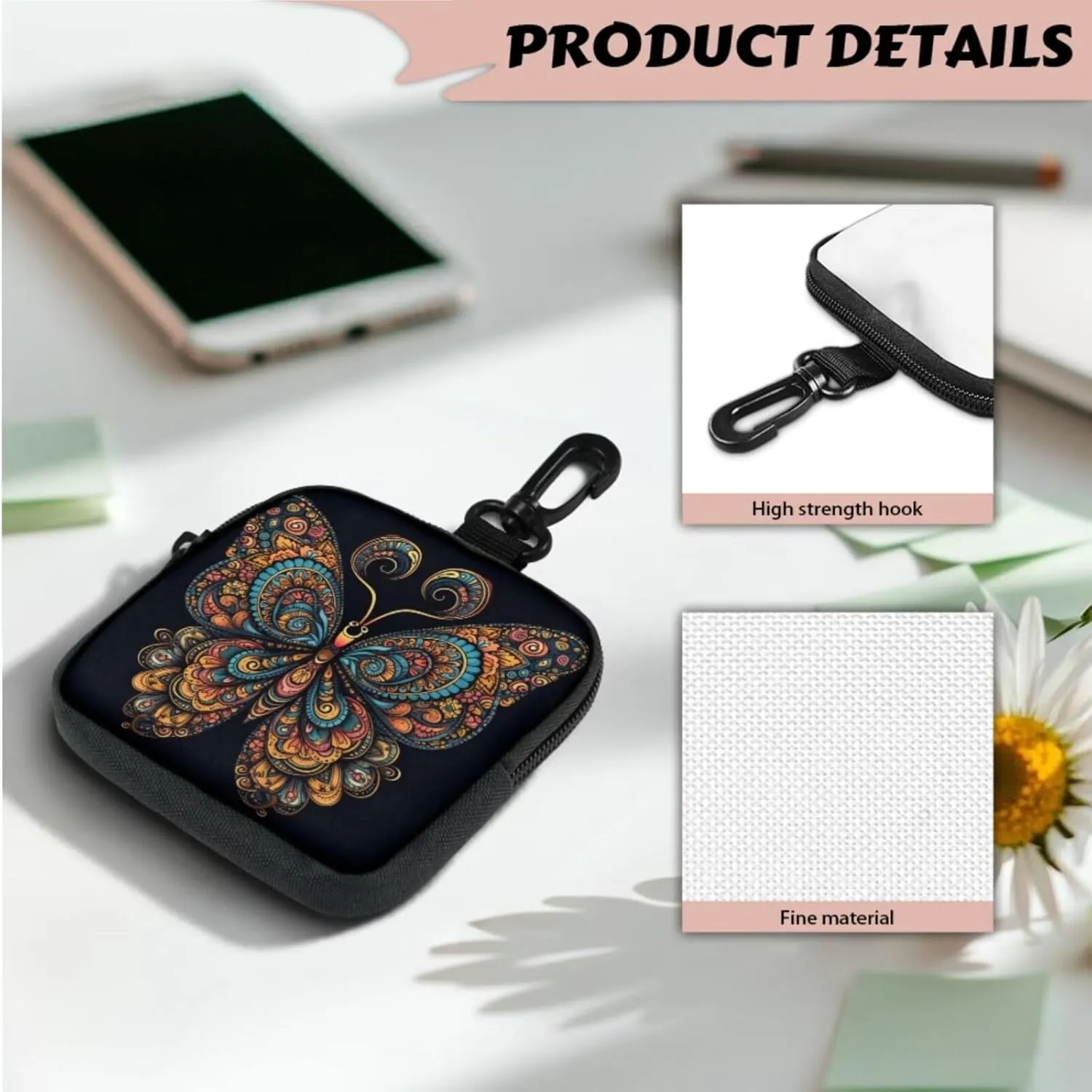 Folk Butterfly Wristlet Wallet for Women Boho Ethnic Butterflies Zip Around Mini Coin Pocket, Mandala Art Small Coin Purse Key Waist Case for Daily Carry