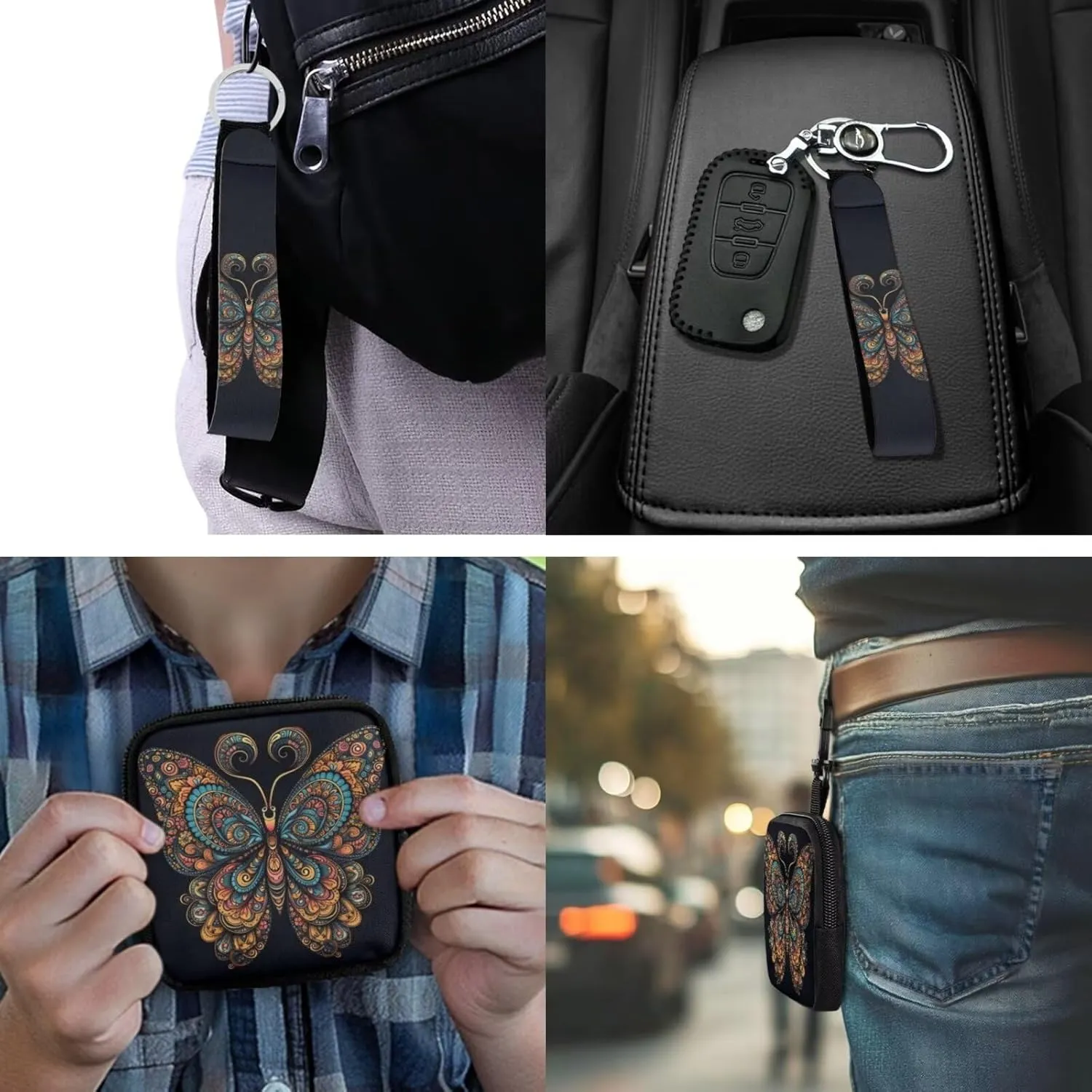 Folk Butterfly Wristlet Wallet for Women Boho Ethnic Butterflies Zip Around Mini Coin Pocket, Mandala Art Small Coin Purse Key Waist Case for Daily Carry
