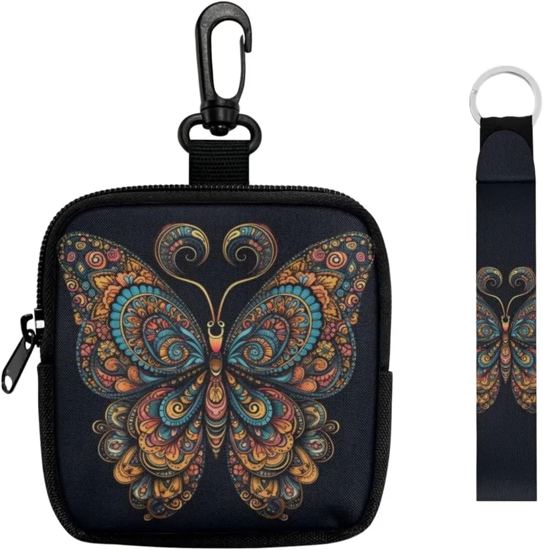 Folk Butterfly Wristlet Wallet for Women Boho Ethnic Butterflies Zip Around Mini Coin Pocket, Mandala Art Small Coin Purse Key Waist Case for Daily Carry