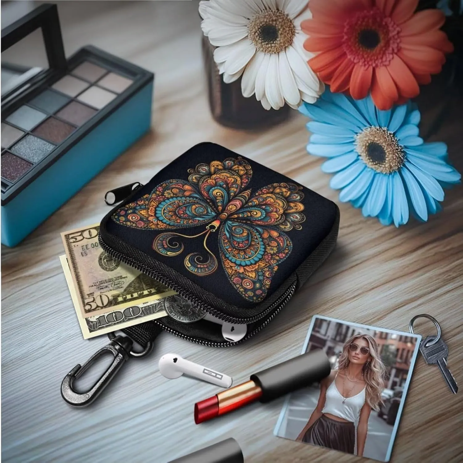 Folk Butterfly Wristlet Wallet for Women Boho Ethnic Butterflies Zip Around Mini Coin Pocket, Mandala Art Small Coin Purse Key Waist Case for Daily Carry