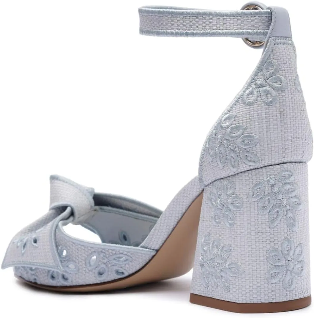 FSJ Women Chunky Block Heel Cute Bowknot Open Toe Sandals Ankle Strap Buckle Bridal Wedding Party Embroidered Shoes Size 4-16 US