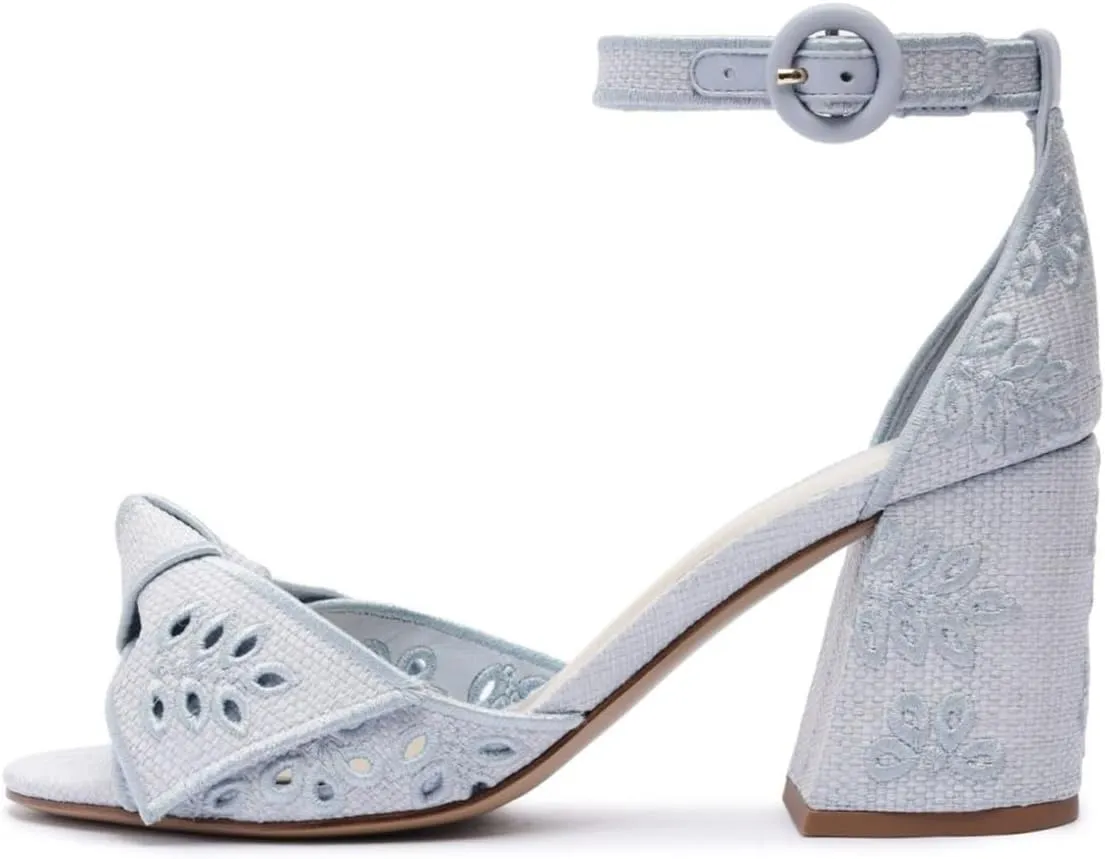 FSJ Women Chunky Block Heel Cute Bowknot Open Toe Sandals Ankle Strap Buckle Bridal Wedding Party Embroidered Shoes Size 4-16 US