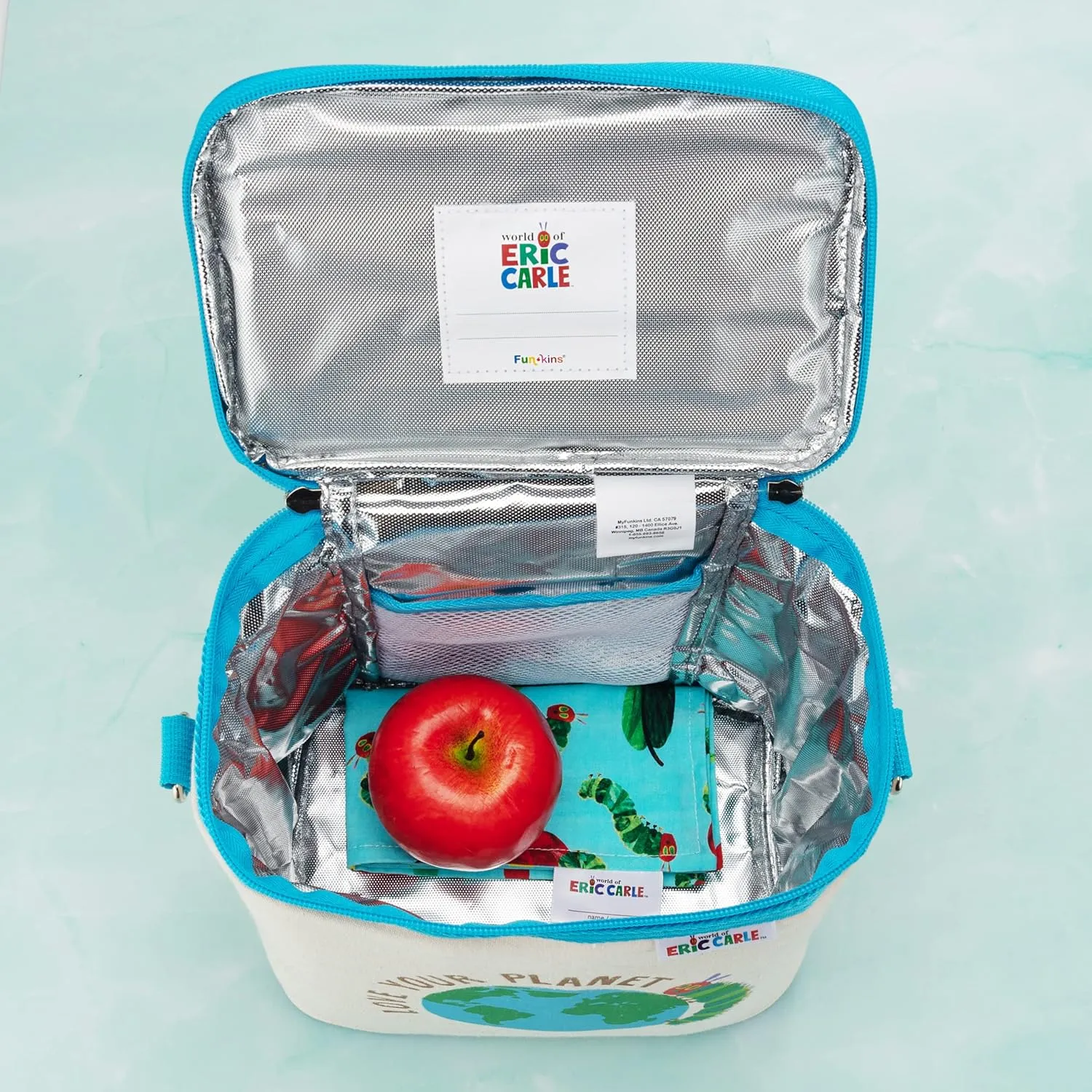 FUN KINS Reusable Lunch Box | Spacious | Wipeable Foil Lining | Detachable Shoulder Strap | Retro Style, Upright | The Very Hungry Caterpillar by The World of Eric Carle (Love Your Planet)