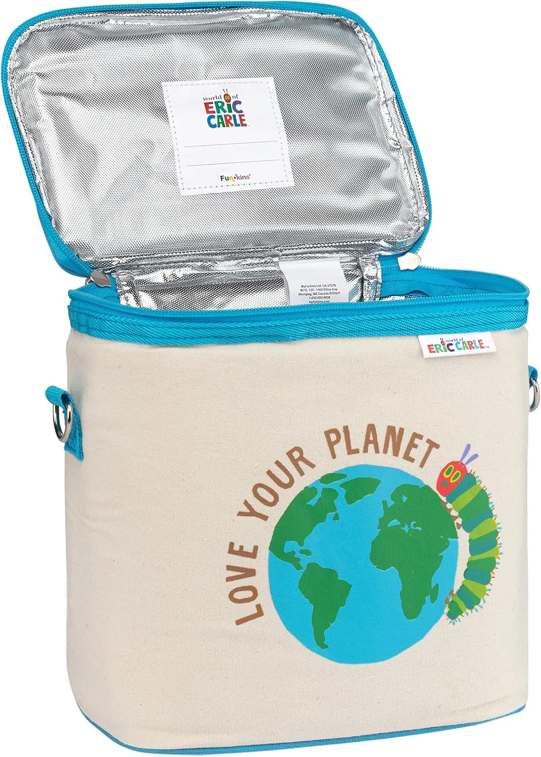 FUN KINS Reusable Lunch Box | Spacious | Wipeable Foil Lining | Detachable Shoulder Strap | Retro Style, Upright | The Very Hungry Caterpillar by The World of Eric Carle (Love Your Planet)