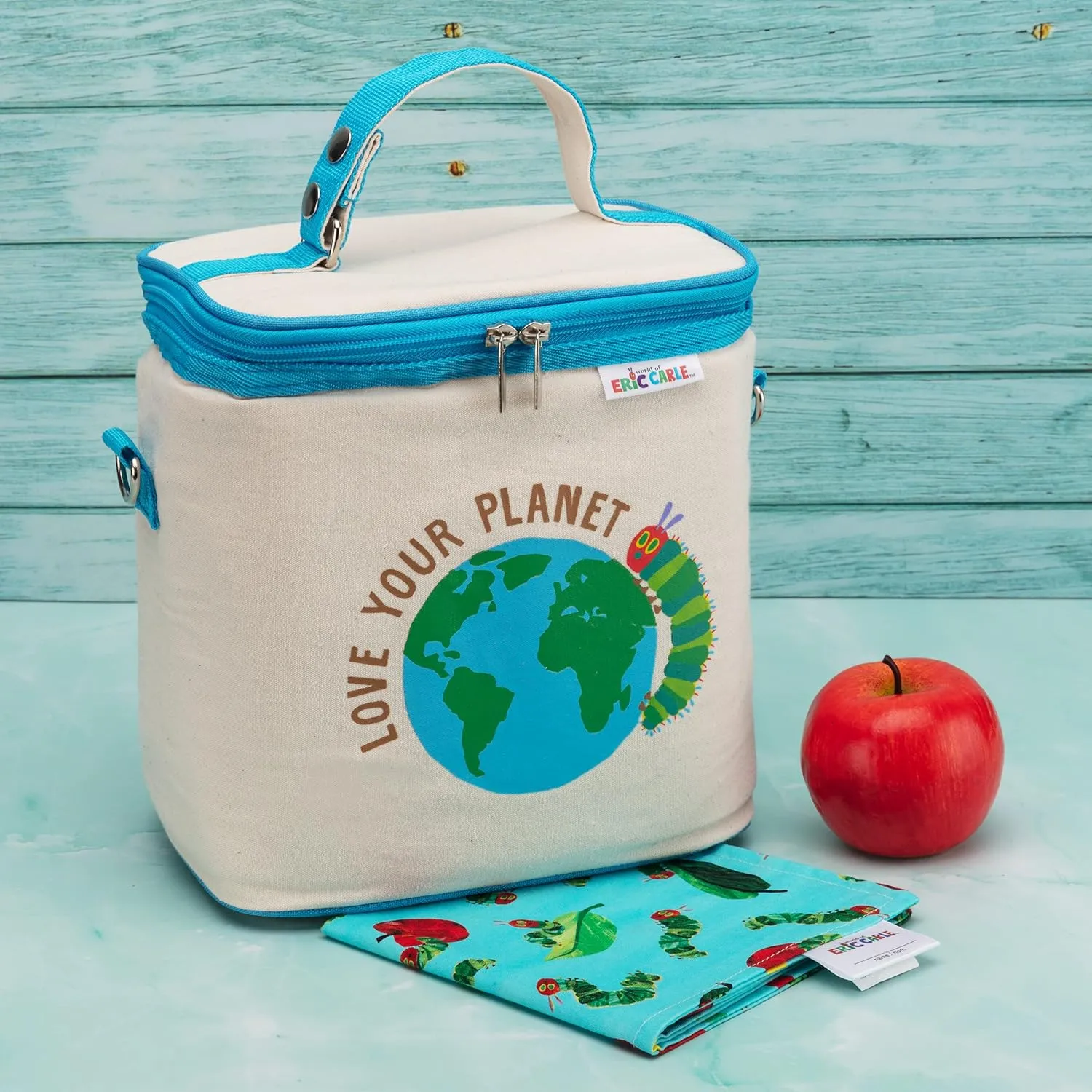 FUN KINS Reusable Lunch Box | Spacious | Wipeable Foil Lining | Detachable Shoulder Strap | Retro Style, Upright | The Very Hungry Caterpillar by The World of Eric Carle (Love Your Planet)