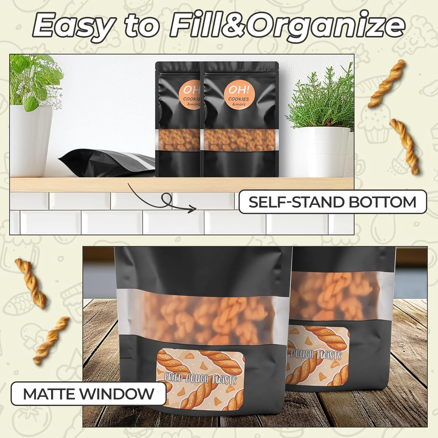 Funfery 100 Pcs Smell Proof Packaging Bags,Mylar Clear Bags for Food Storage,Sealable Bag for Packaging,Stand Up Pouch with Window,ReSealable Bag for Small Business,Cookies,Candy(Black,7.1x10.2in)