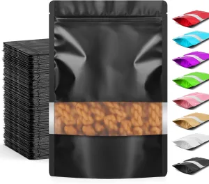Funfery 100 Pcs Smell Proof Packaging Bags,Mylar Clear Bags for Food Storage,Sealable Bag for Packaging,Stand Up Pouch with Window,ReSealable Bag for Small Business,Cookies,Candy(Black,7.1x10.2in)