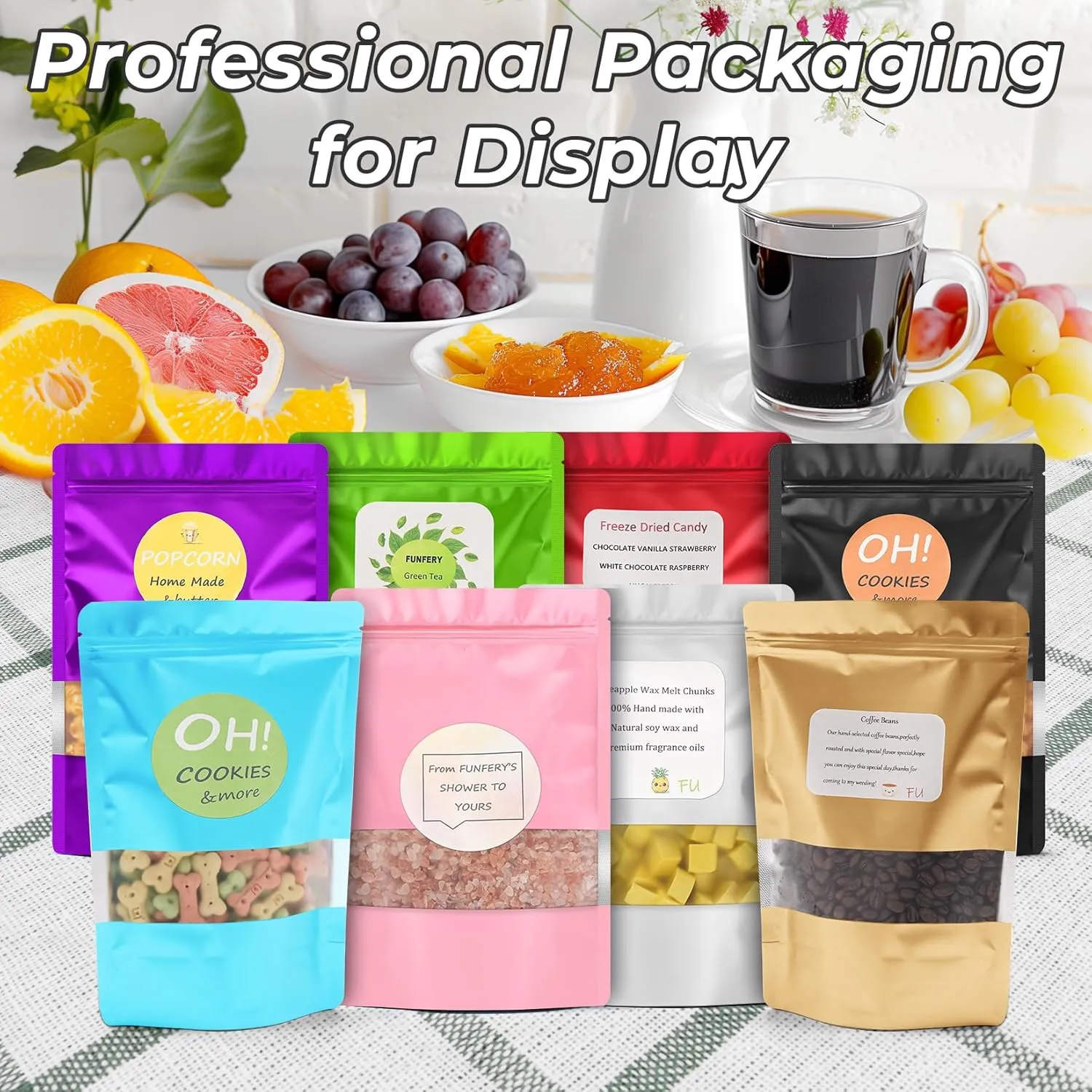 Funfery 100 Pcs Smell Proof Packaging Bags,Mylar Clear Bags for Food Storage,Sealable Bag for Packaging,Stand Up Pouch with Window,ReSealable Bag for Small Business,Cookies,Candy(Black,7.1x10.2in)