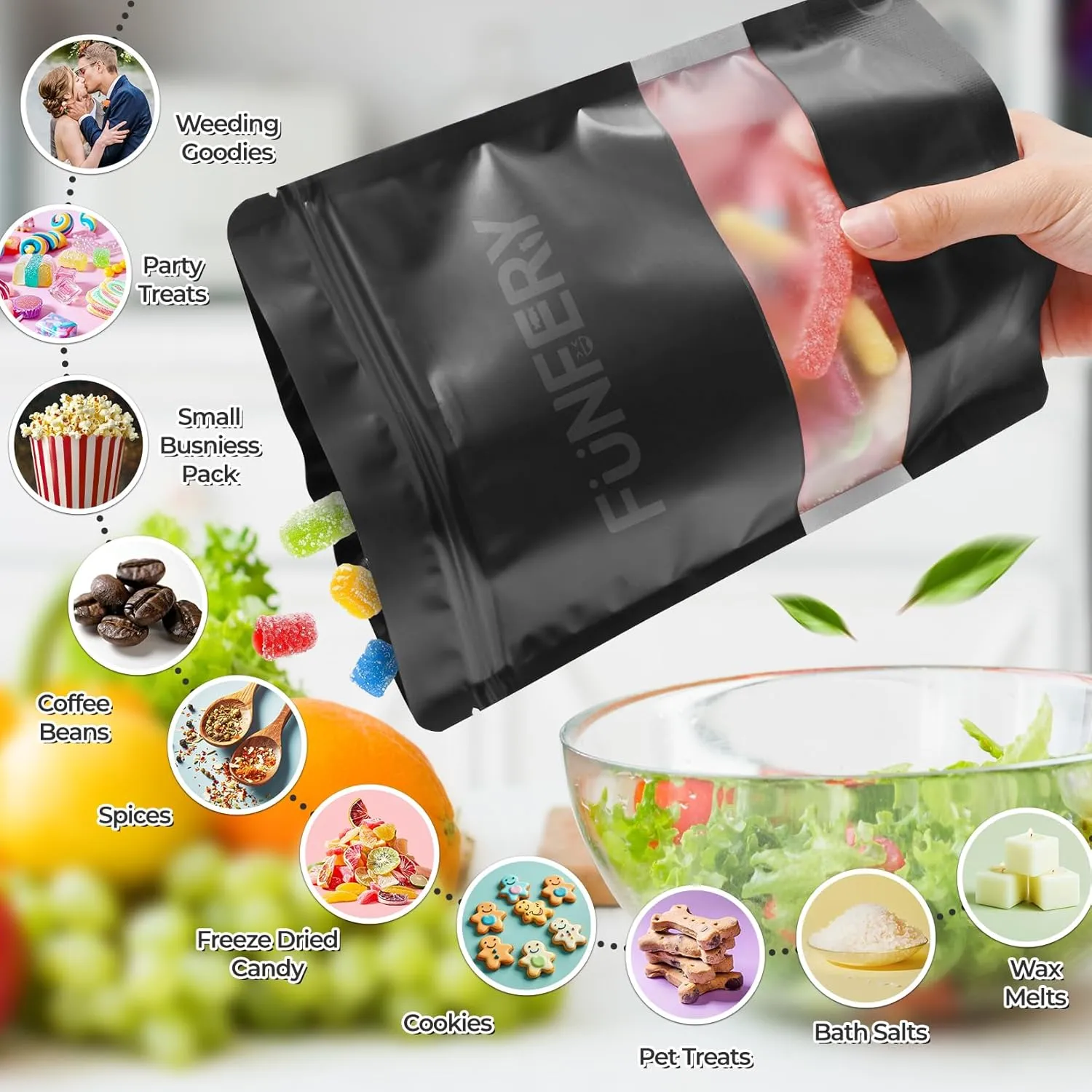 Funfery 100 Pcs Smell Proof Packaging Bags,Mylar Clear Bags for Food Storage,Sealable Bag for Packaging,Stand Up Pouch with Window,ReSealable Bag for Small Business,Cookies,Candy(Black,7.1x10.2in)
