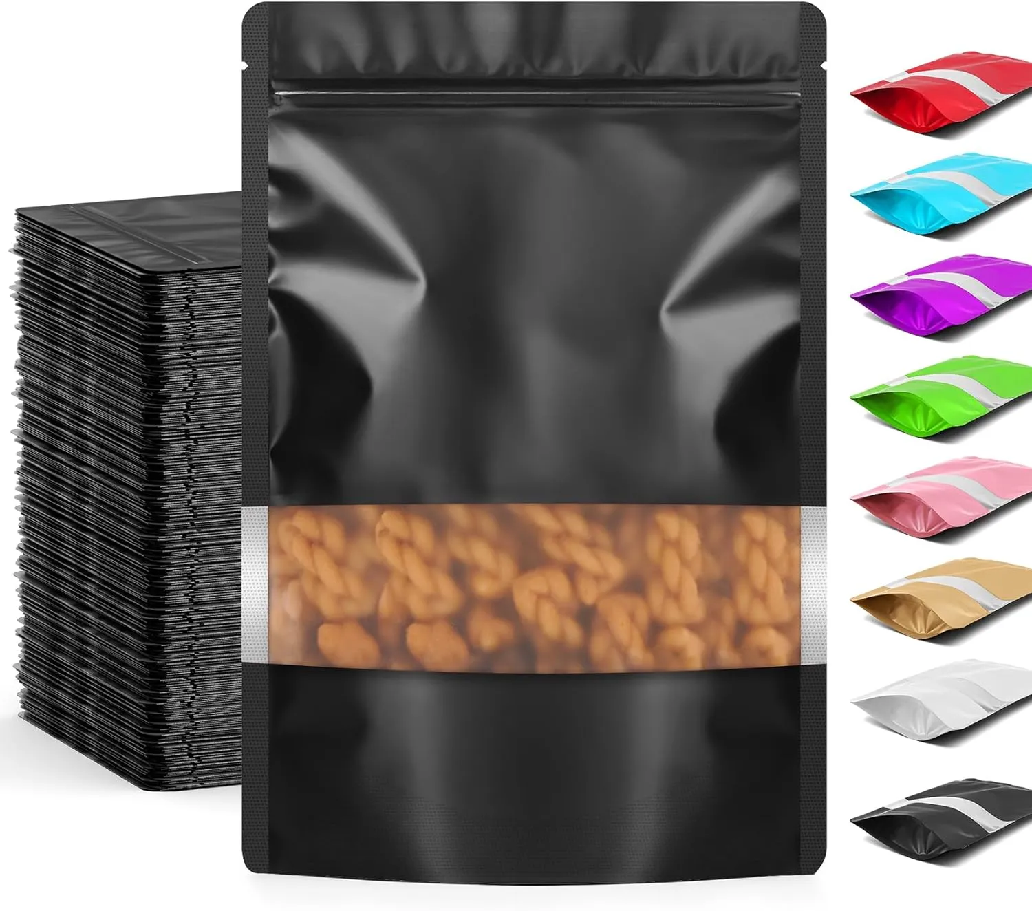 Funfery 100 Pcs Smell Proof Packaging Bags,Mylar Clear Bags for Food Storage,Sealable Bag for Packaging,Stand Up Pouch with Window,ReSealable Bag for Small Business,Cookies,Candy(Black,7.1x10.2in)