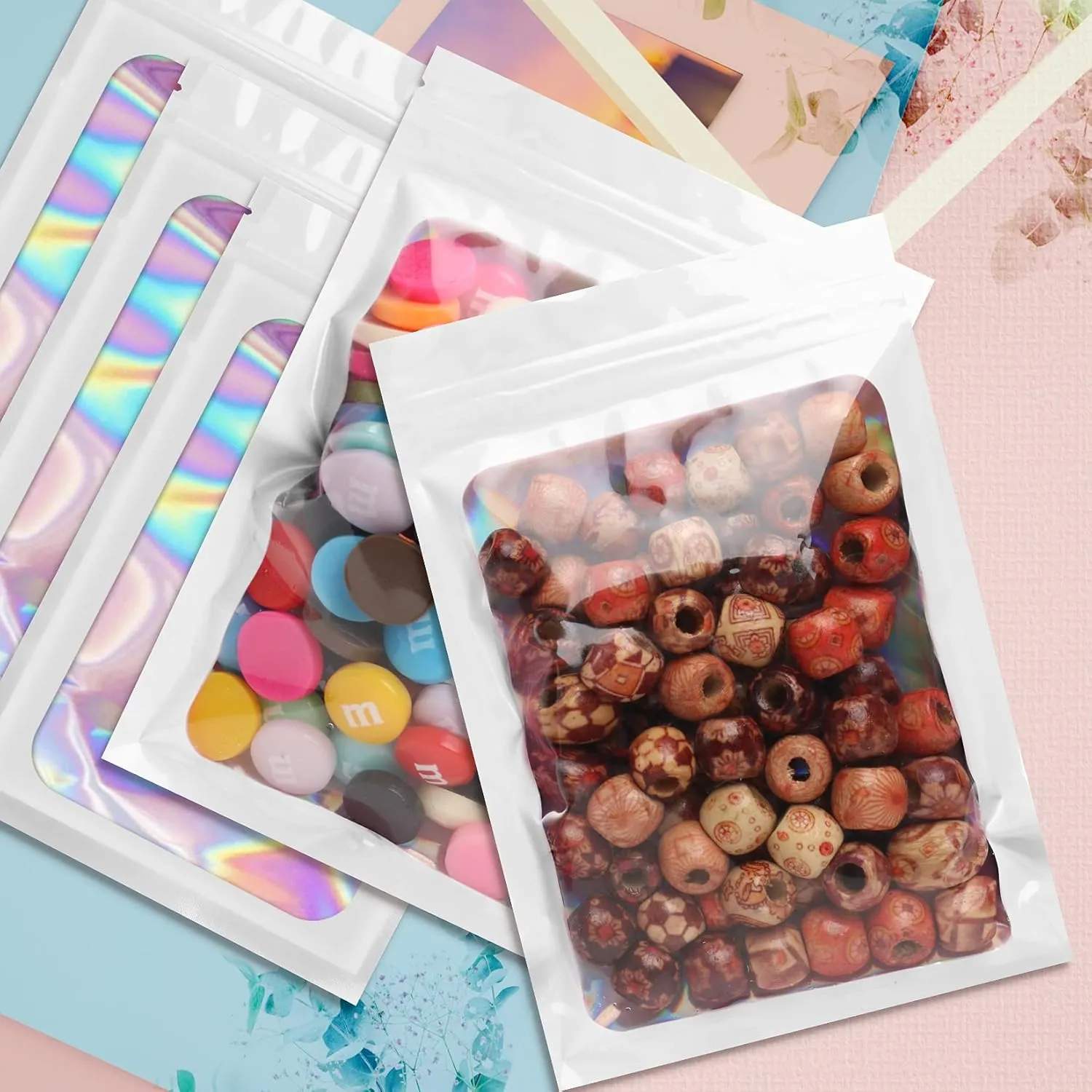 Funfery 100 pcs White Holographic Mylar Packaging Bags,Clear Sealing Resealable Smell Proof Bag Foil Pouch Zipper Bag for Food Storage,Gloss,Lash,Jewelry Packing for Small Business (6.3x9.4In)