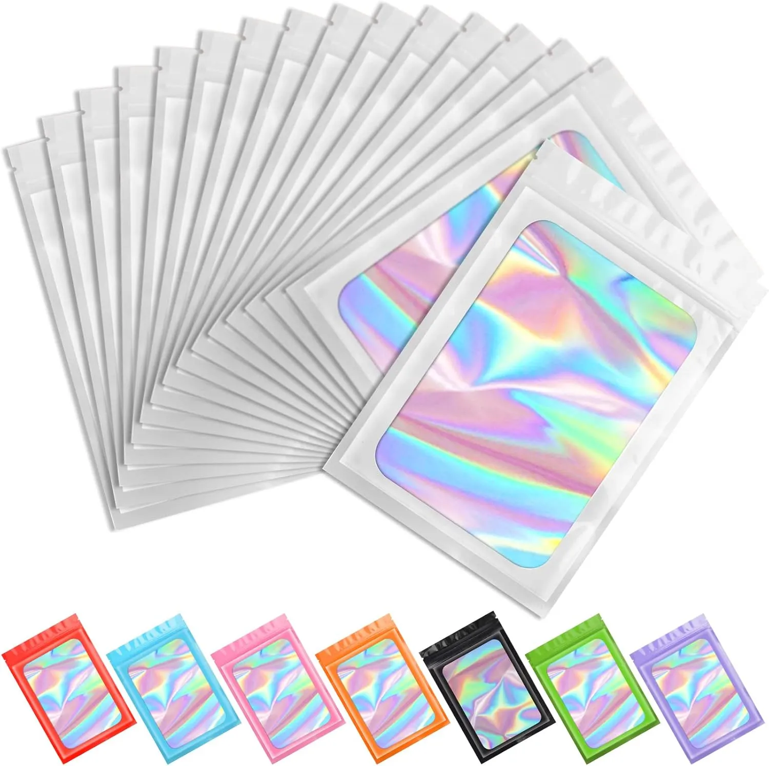 Funfery 100 pcs White Holographic Mylar Packaging Bags,Clear Sealing Resealable Smell Proof Bag Foil Pouch Zipper Bag for Food Storage,Gloss,Lash,Jewelry Packing for Small Business (6.3x9.4In)
