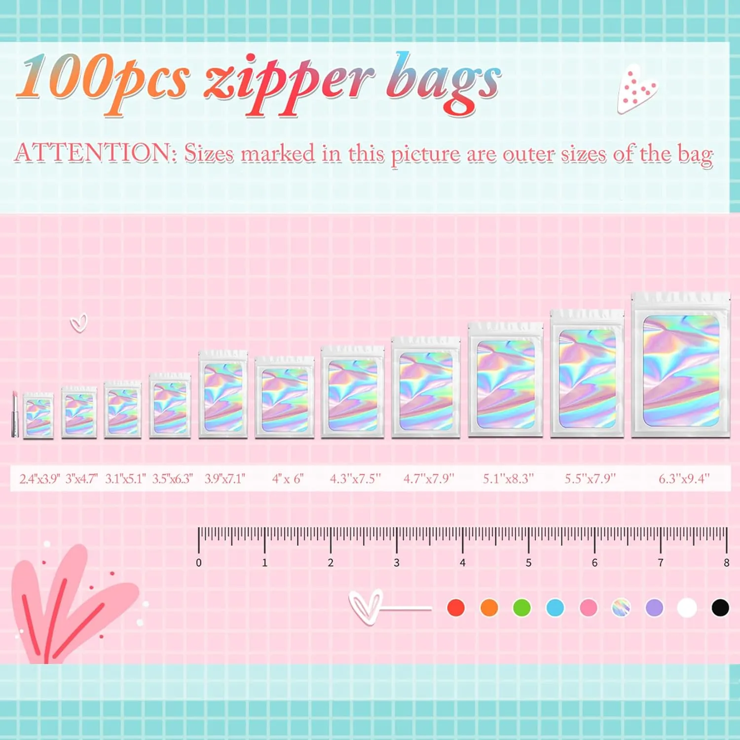 Funfery 100 pcs White Holographic Mylar Packaging Bags,Clear Sealing Resealable Smell Proof Bag Foil Pouch Zipper Bag for Food Storage,Gloss,Lash,Jewelry Packing for Small Business (6.3x9.4In)