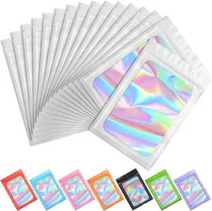 Funfery 100 pcs White Holographic Mylar Packaging Bags,Clear Sealing Resealable Smell Proof Bag Foil Pouch Zipper Bag for Food Storage,Gloss,Lash,Jewelry Packing for Small Business (6.3x9.4In)