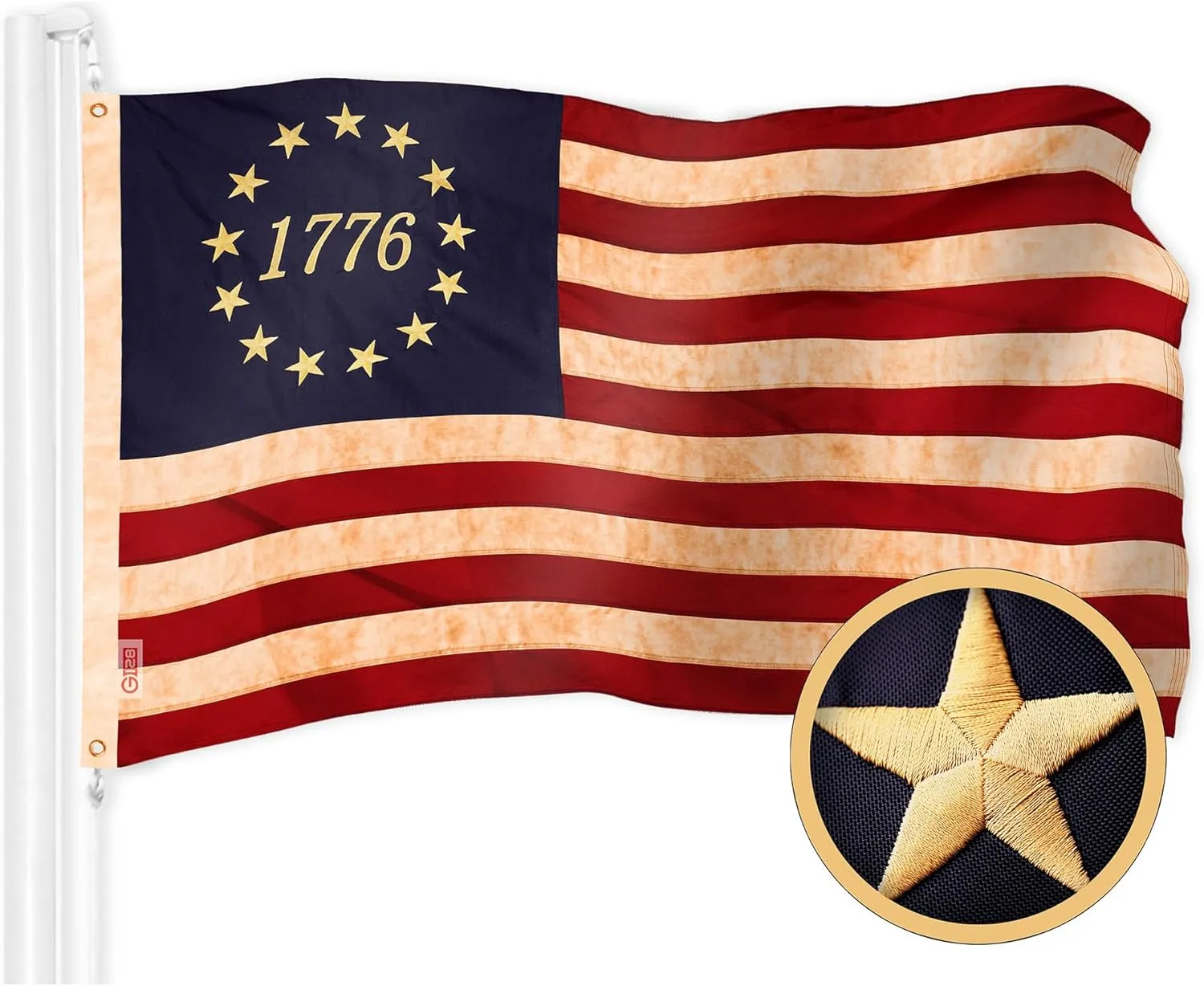 G128 Betsy Ross 1776 Tea-Stained Flag | 4x6 Ft | ToughWeave Pro Series Embroidered 420D Polyester | Historical Flag, Embroidered Design, Indoor/Outdoor, Brass Grommets