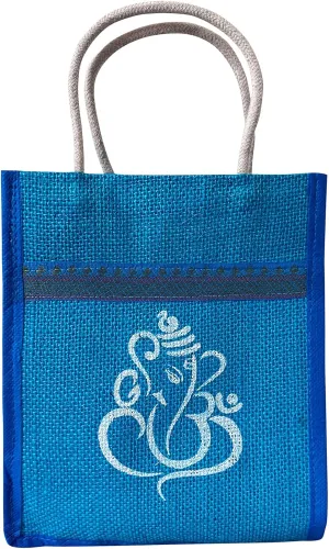 Ganesh Grace: Eco-Friendly Jute Tote Bag with Sacred Print – Stylish and Sustainable - Indian Return Gift Bags, Blue